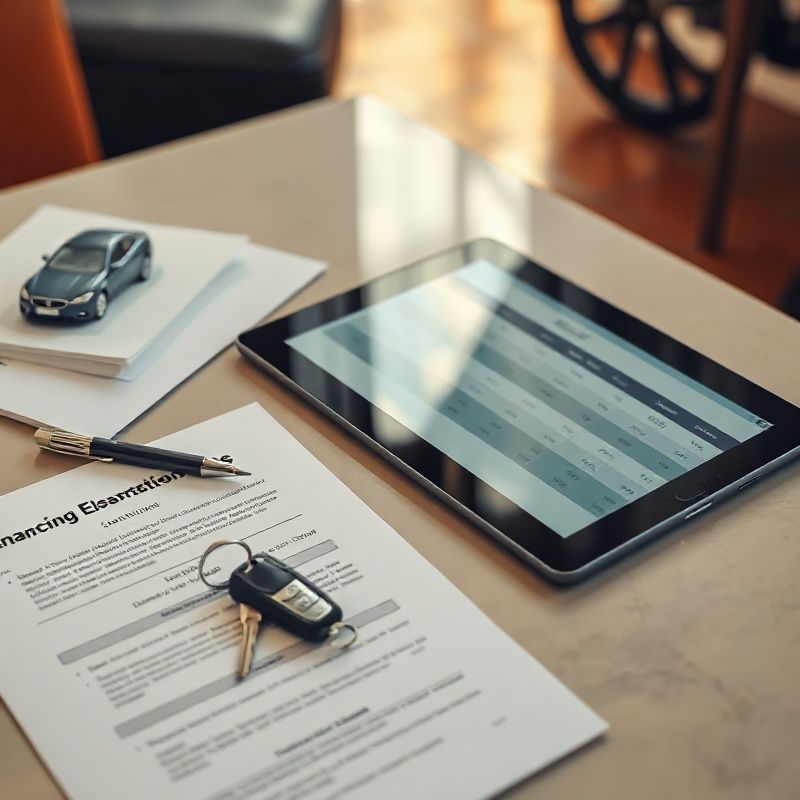 Mesa de financiación con documentos, llaves y tablet comparando préstamos