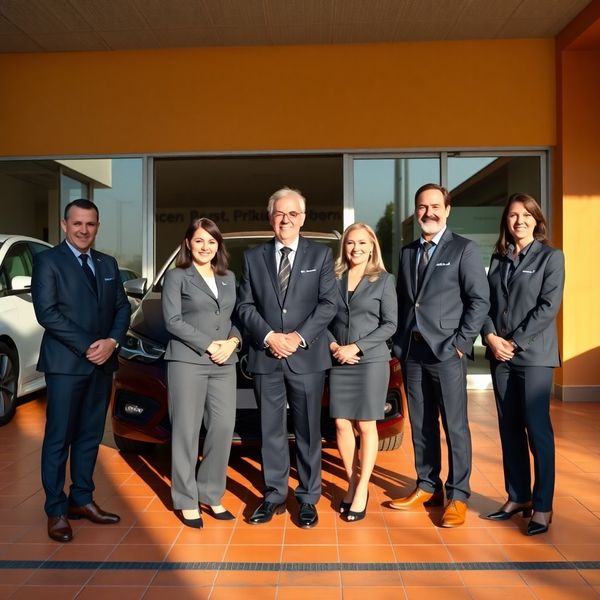 Retrato de grupo del equipo de siete personas de Terrazvivid frente al concesionario