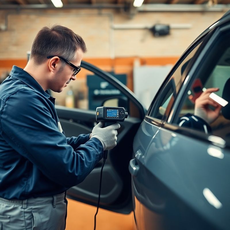 Técnico usando un escáner de pintura en la puerta de un coche en el taller